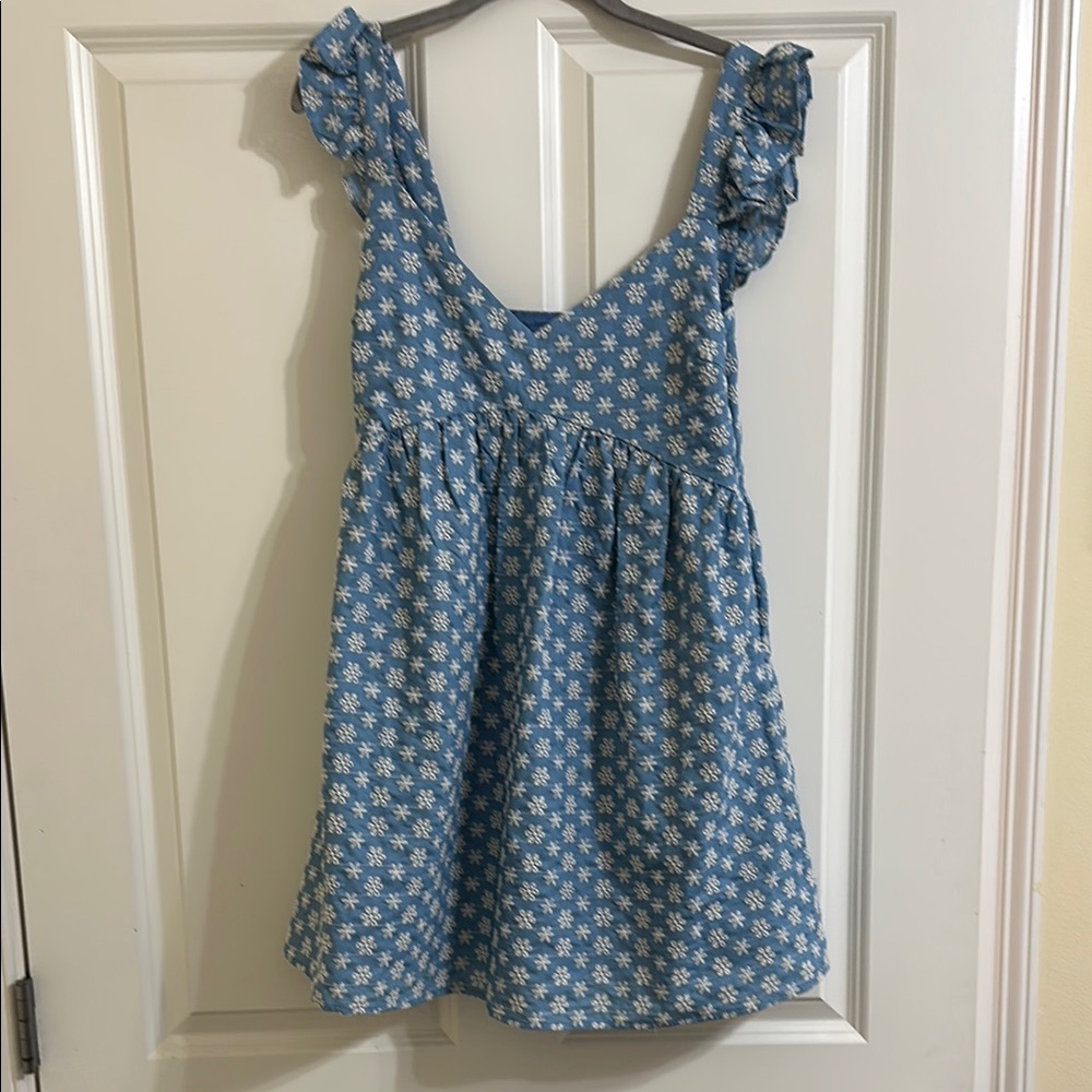 LaLavon Blue and White Ruffled Scoop‎ Neck Sundress